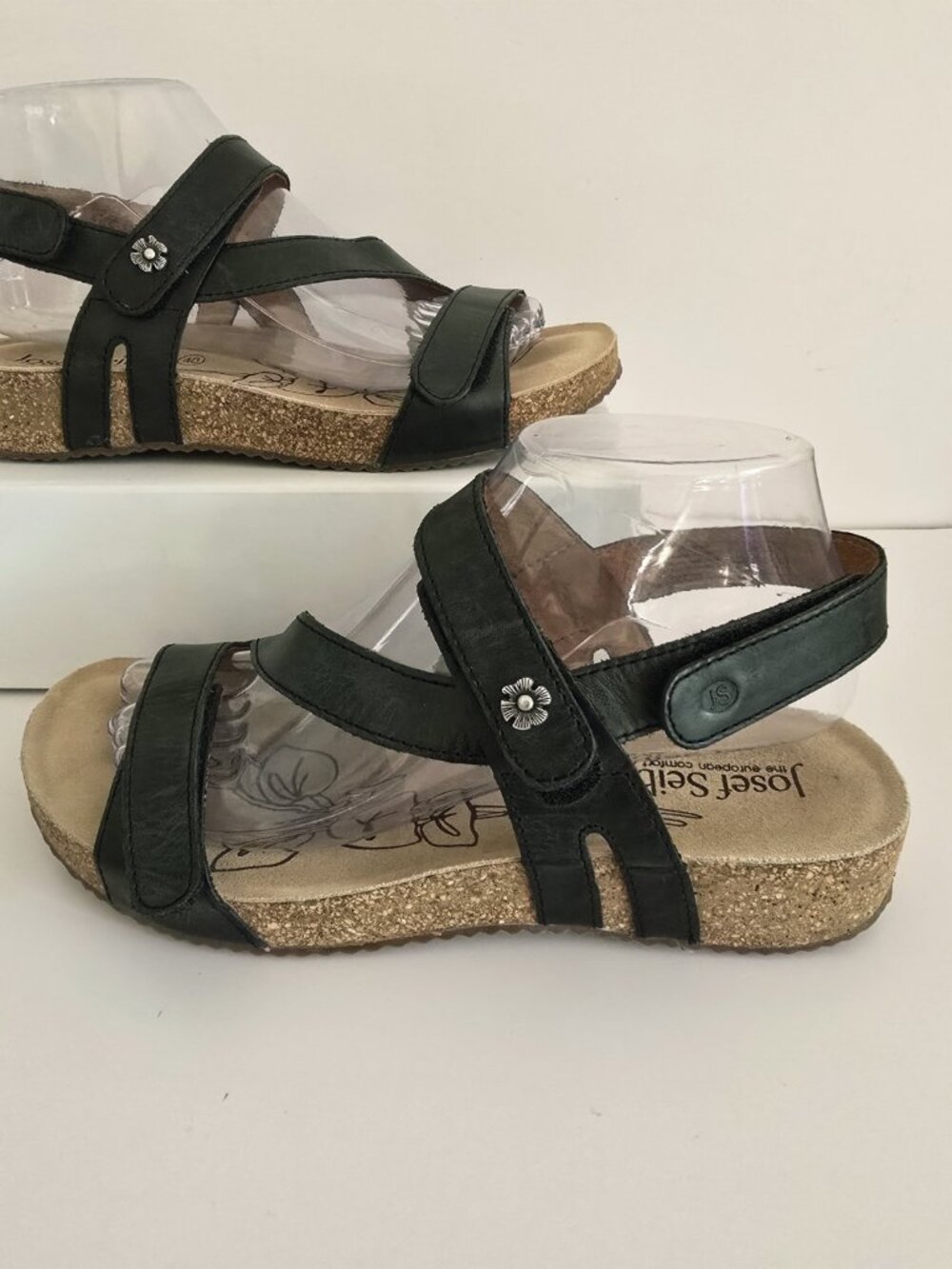 Josef Seibel Tonga 25 Black Leather Cork Open Toe Sandals 40 9 9.5 Shoes Womens - Picture 2 of 10